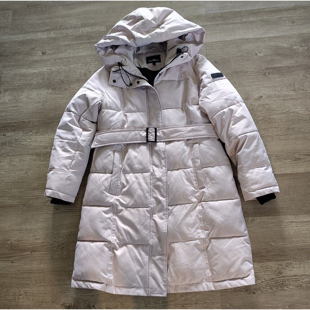 Sam Edelman Women's Medium Quilted Long Hooded Puffer Coat Belted Snap